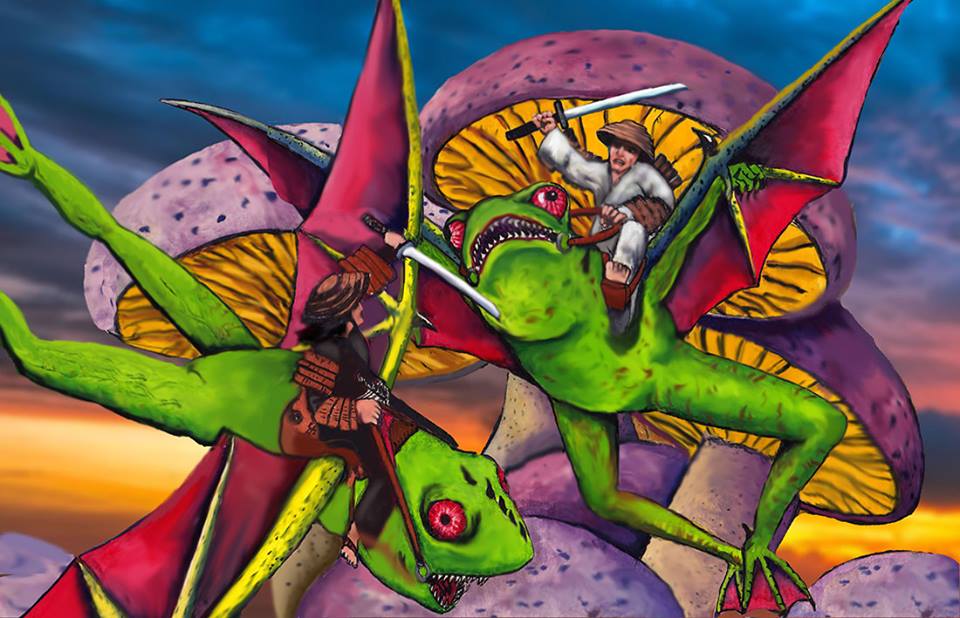 Flying frogs combat original Art Portland